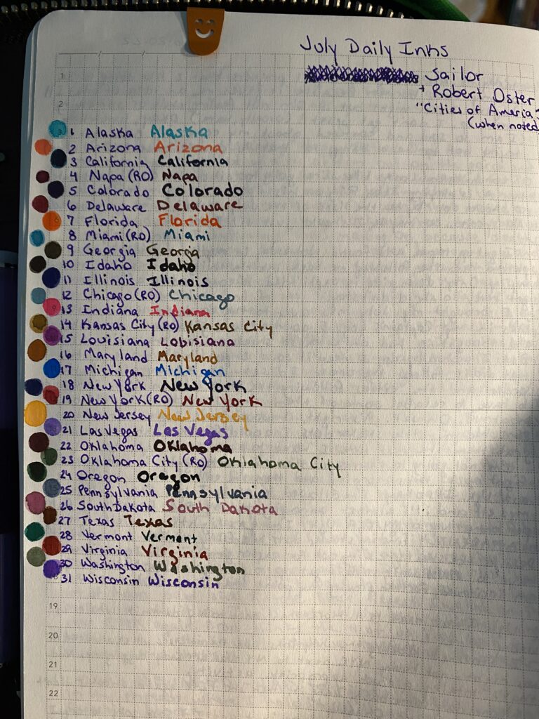 A page from a notebook with a grey grid. At the top it is labeled “July Daily Inks, Sailor + Robert Oster “Cities of America” (when noted). The ink names are listed in a numbered column, and on each line is a dot of that ink. The inks are listed below the photo.