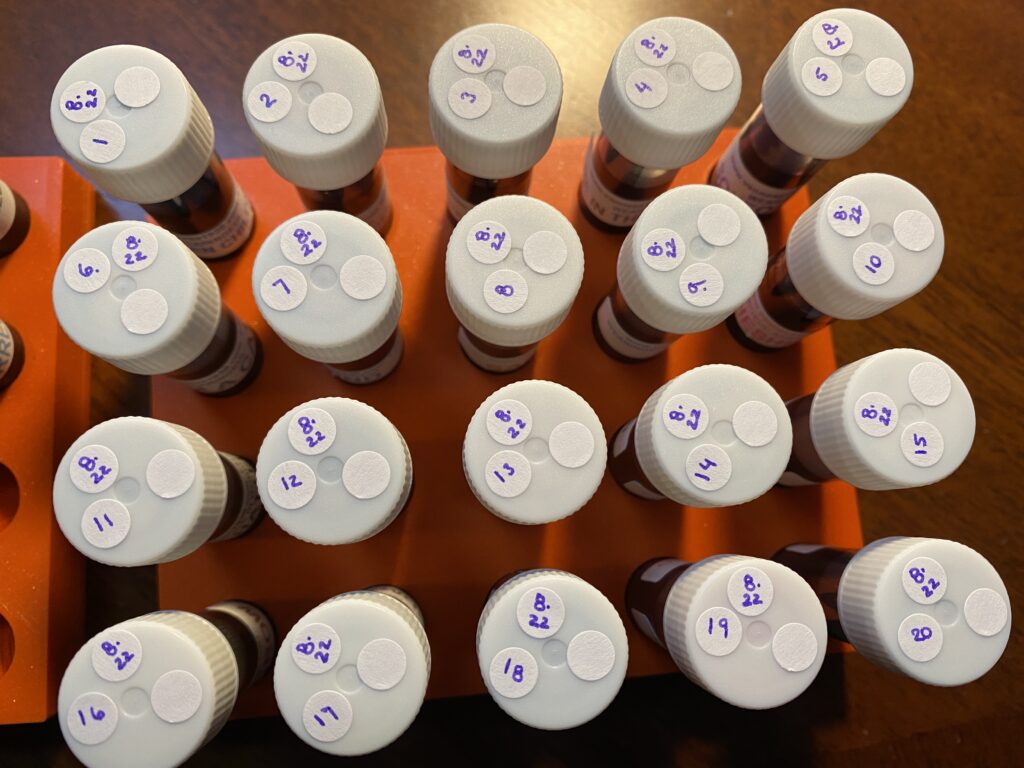 20 sample vials from above, sitting in an orange tray. Each white cap has three sticker dots on them. One of the sticker dots says 8.22, the second is a number from 1-20, and the third is blank. They are laid out in numerical order by fives.