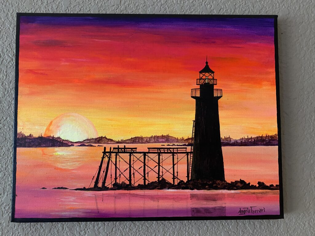 A painting of a sunset with purples, pinks, reds, oranges, and yellows. There is a lighthouse in the foreground in a dark silhouette. The ocean around the lighthouse is reflecting the sunset's pinks and purples. 
