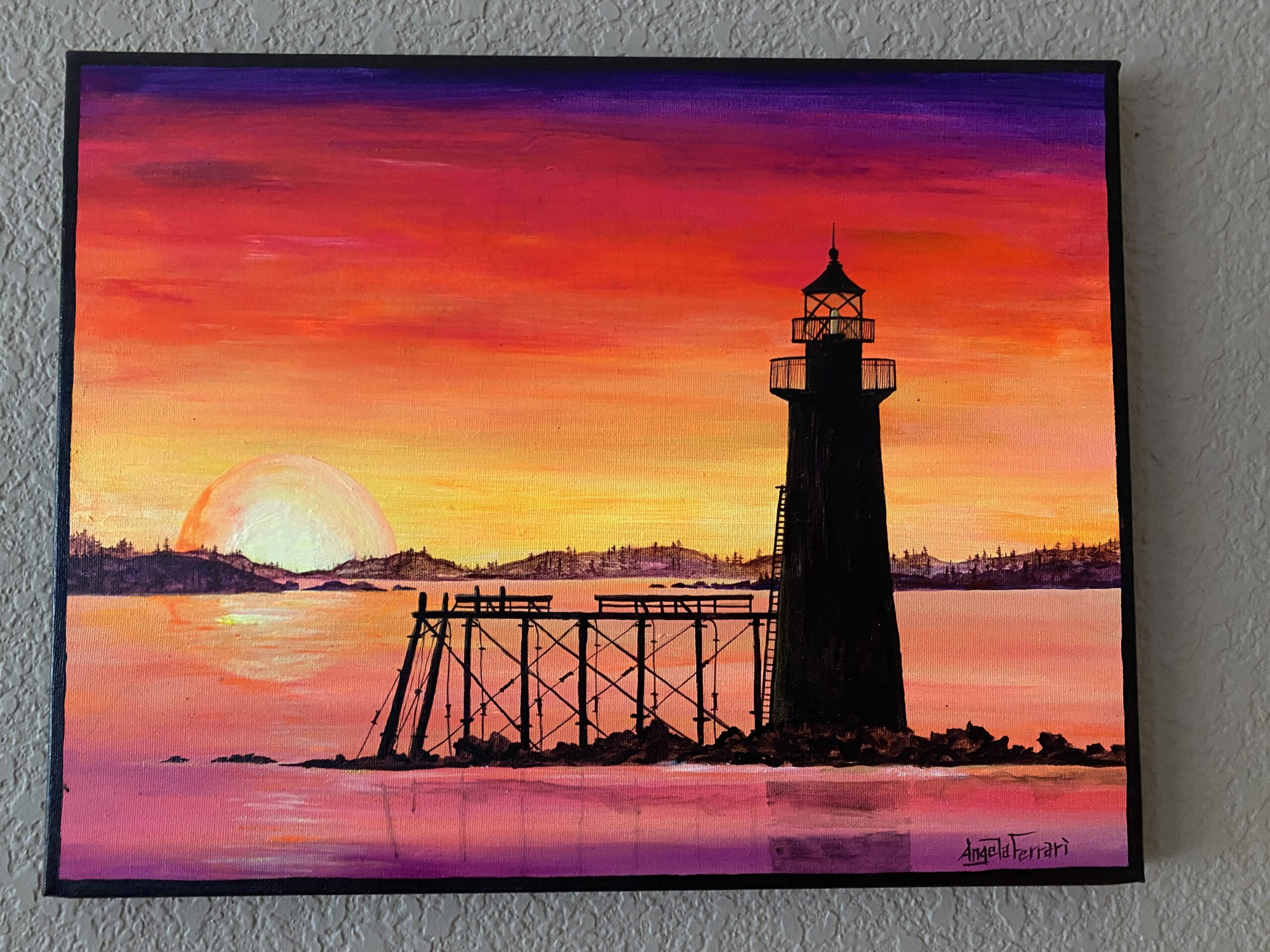 A painting of a sunset with the silhouette of a lighthouse in the foreground.