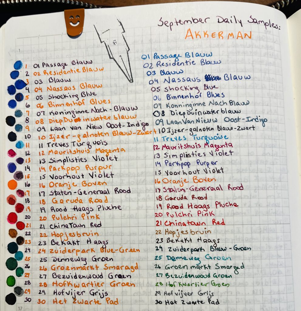 A notebook page listing the inks that were sampled in September. The list can be found in the post.The inks are listed twice, once on the left in alternating purple and orange ink. The list on the right is in the color of the day. There is also a dot of color on the left edge of the page matching the right side list.