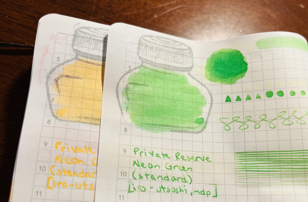 2 overlapping pages, a washed out orange, and a bright green. The fully visible page is of the green ink. The ink bottle stamp is colored in with the green ink, also a pool of green. Triangle, circle, continous s shapes, and straight lines. The text reads “Private Reserve, Neon Green, standard, iro-utsushi, mdp”