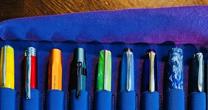 A close up of the pens in the notebook/pen case.