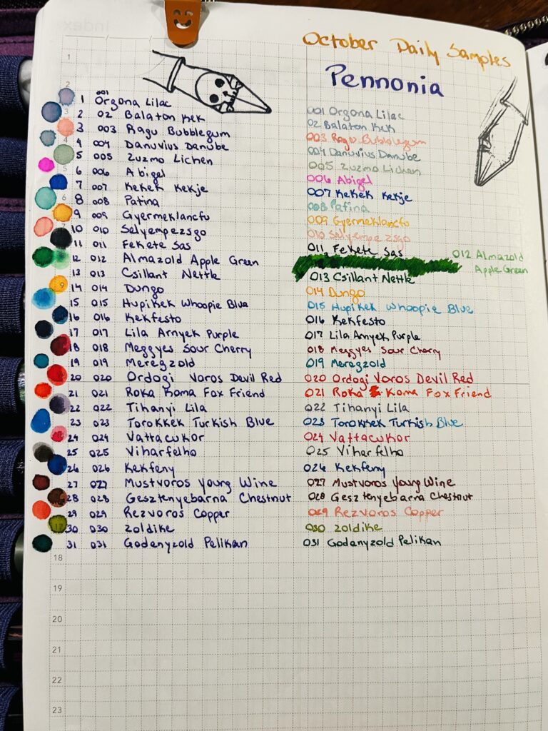A notebook page with the names of the inks listed in order from 1-31. Each ink name is written once in a purple color and then a second time in that days color of ink. List of ink names is in the rest of this article. 