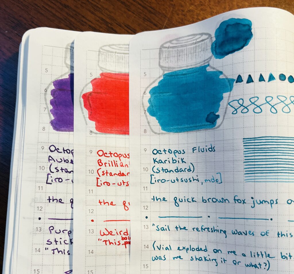 3 notebook pages overlapping each other, able to see just a portion of the bottom 2 pages, and more of the top page. There is a purple, a red, and a teal ink sampled with shapes, swirls, straight lines, smudges and writing. 