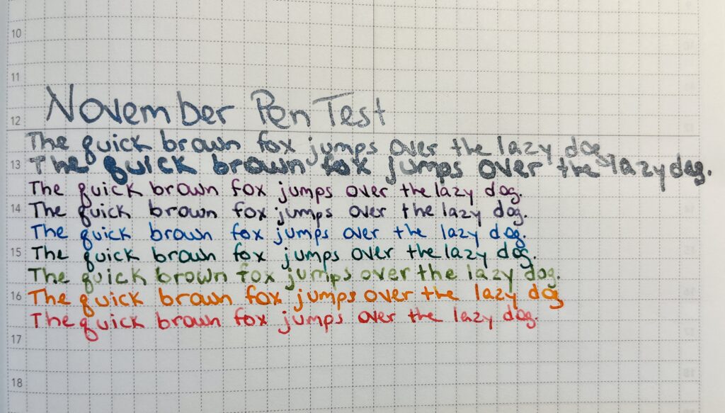 November Pen Test, and the phrase “the quick brown fox jumps over the lazy dog” written 9 times in different colored inks.