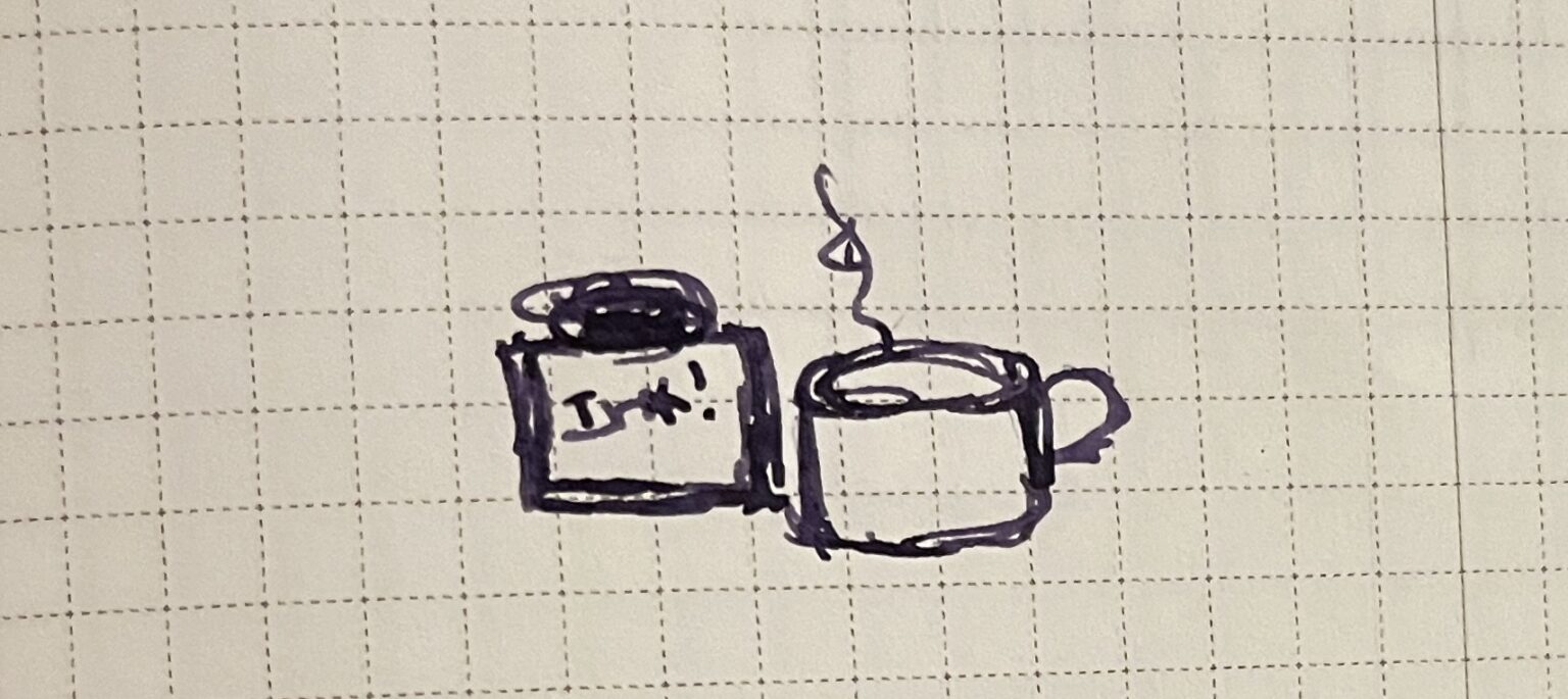 A poorly drawn sketch of an ink bottle and a cup of tea.