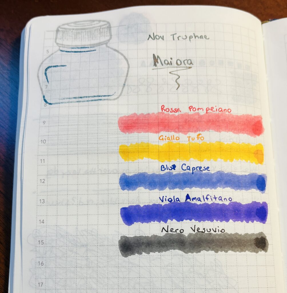 A notebook page with the following text in a silver ink: “Nov Truphae, Maiora” and then the name of the ink written in that inks color, and then a line of that ink color below it. “Rossa pompeiano” is a reddish color. “Giallo Tofu” is a yellowish orange. “Blu Caprese” is a blue color. “Viola Amalfitano” is a sort of cobalt blue. “Nero Vesuvio” is a dark grey/black color. 
