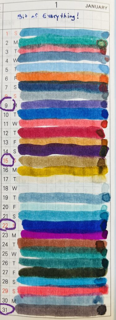 Lines of ink colors applied to a Monthly planner section that gives one line to every day. The numbers 9, 15, 22 and 31 are circled. 