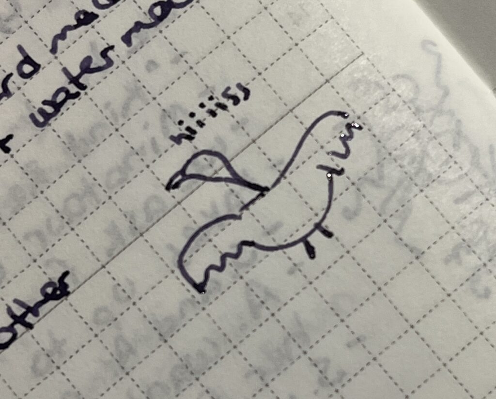 A very bad line drawing of a half snake half goose saying “hiiiiissss”